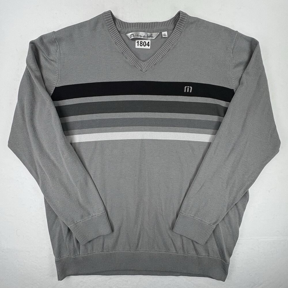 Travis Mathew Sweater Mens 2XL Gray Striped V-Neck Golf Lightweight Pullover